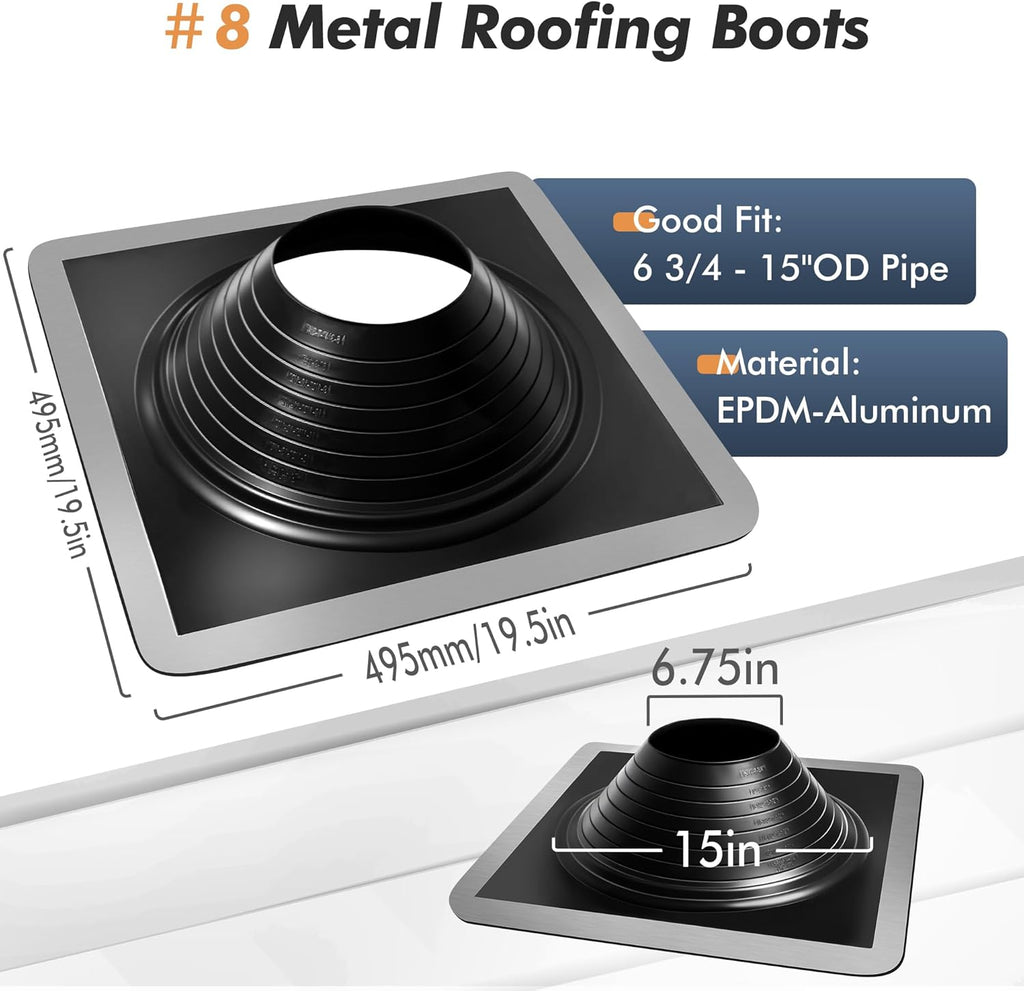 #8 Epdm Metal Roof Vent Boot, Flexible Roofing Boots Fits Pipe Od 6 3/4'' to 15'', Metal Roof Jacks Flashing for