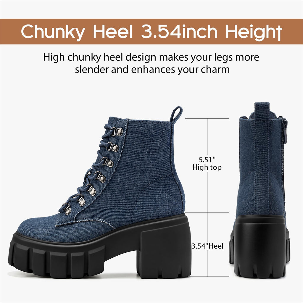 Womens Combat Boots Ankle Booties Lace up High Heel, Denim Size 7.5
