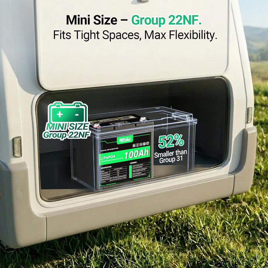 12V 100Ah LiFePO4 Battery, Group 22NF Mini, BMS, LED Meter, 1280Wh | Deep Cycle, Low Temp Protection, 10-Year Life