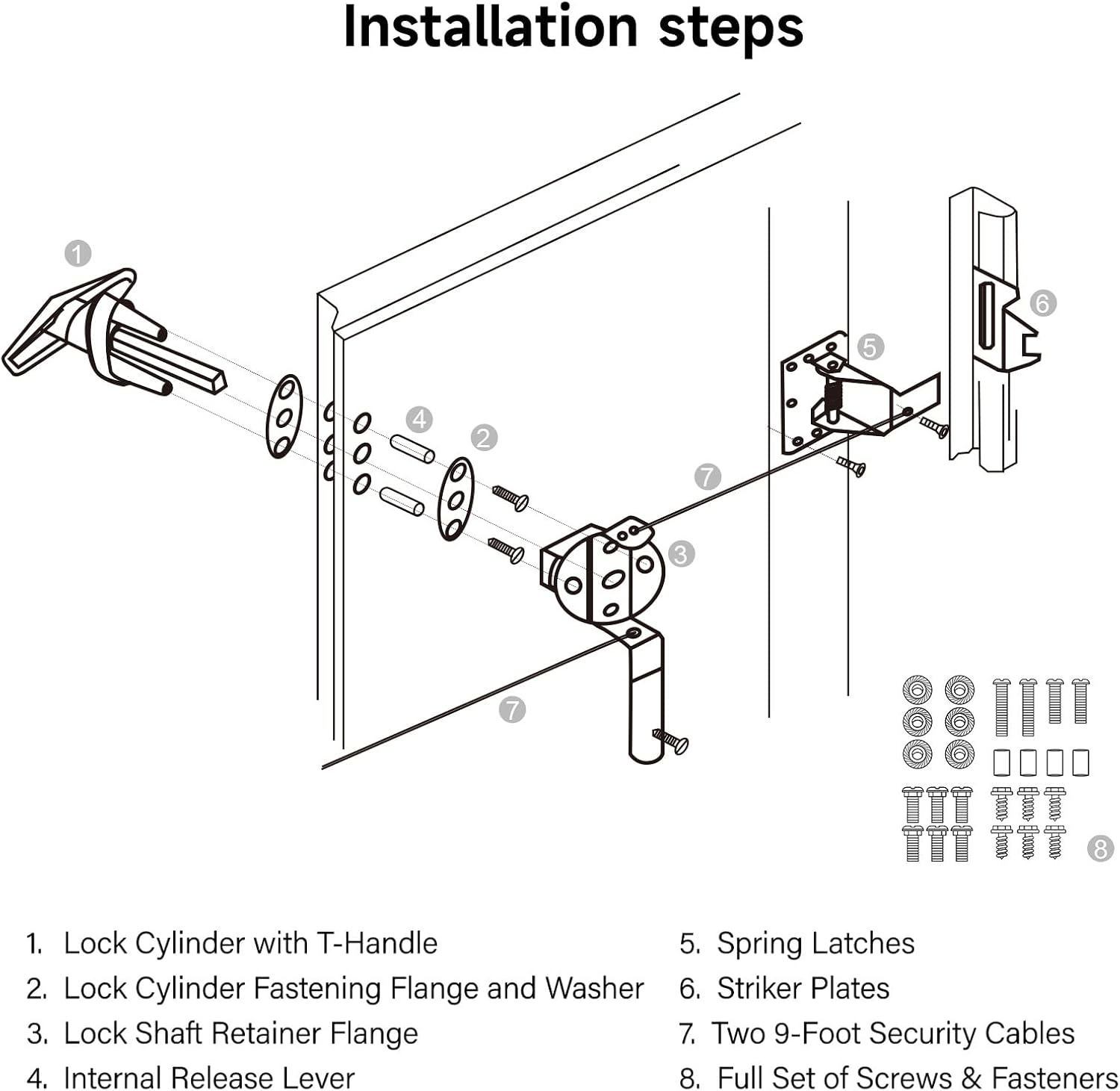 Universal Garage Door Lock Kit with Spring Latch and Keyed Handle for Single/Double Garage Door 7' - 18' Wide