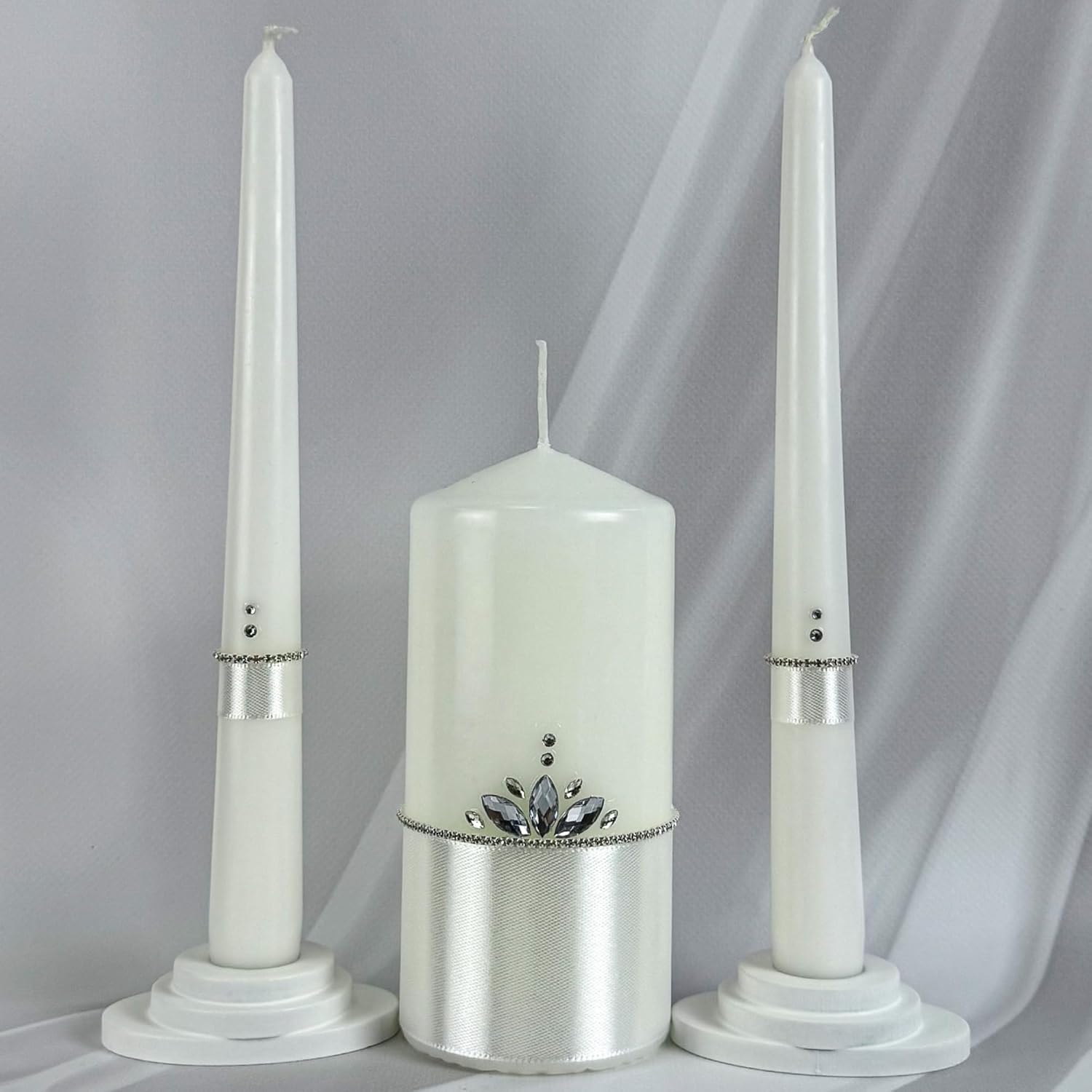 Crystal Satin Unity Candle Set for Wedding Ceremony Personalized Look, White 6" Pillar & 2 Taper 10" Marriage