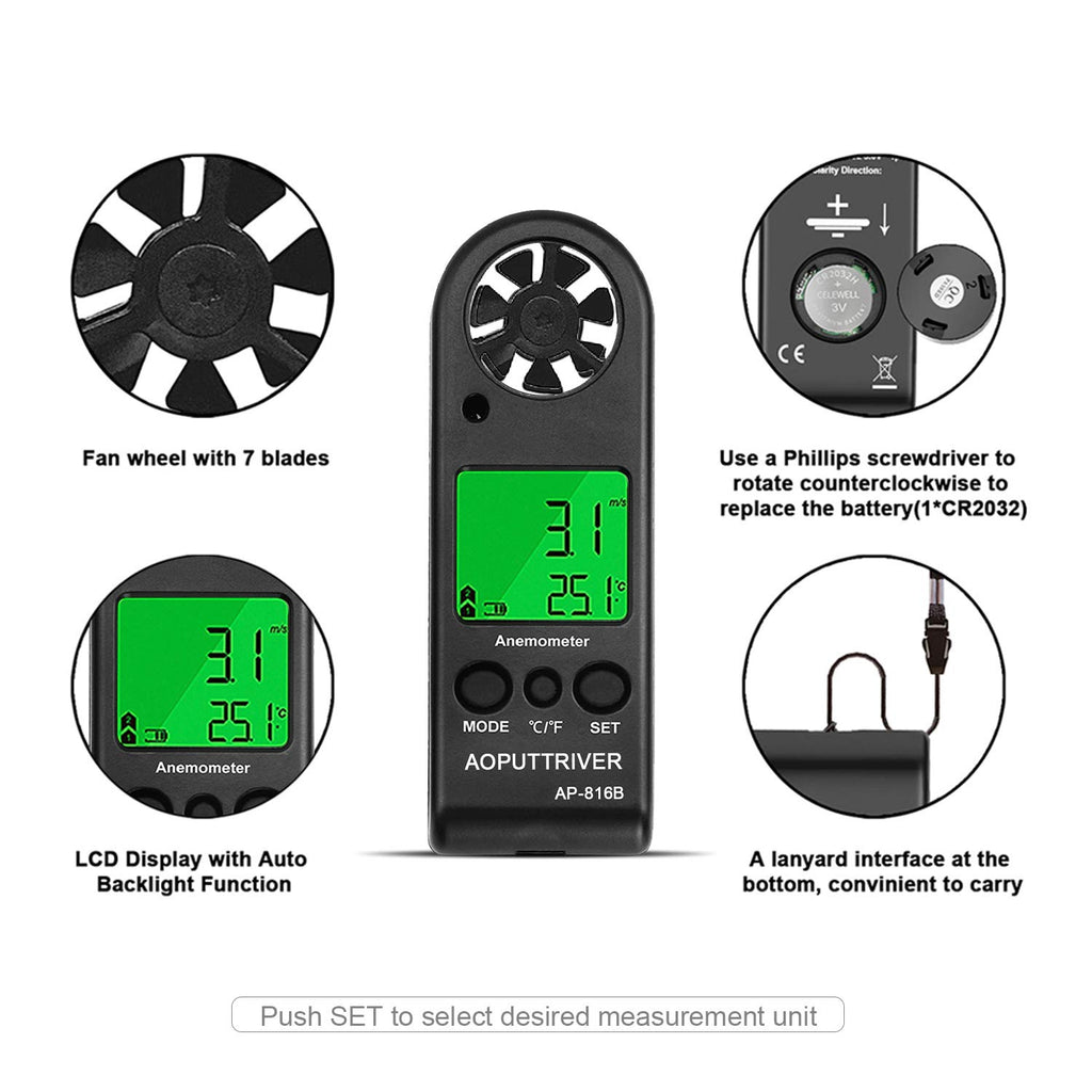 Anemometer Handheld, Air Flow Velocity Meter up to 67mph, Ultra-Light 53g