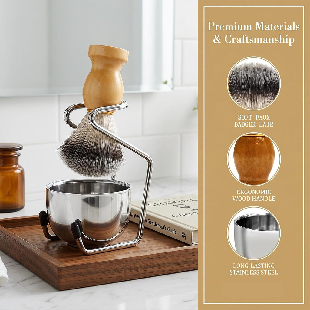 Shave Brush and Bowl, Premium Synthetic Badger Hair Shaving Brush Set with Stainless Steel Shaving Bowl, Exfoliating