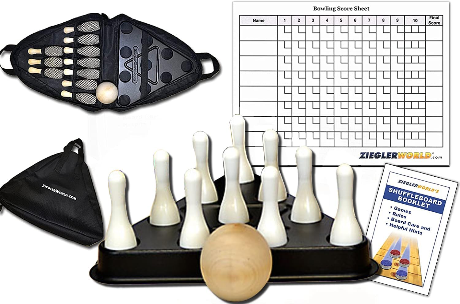 Table Shuffleboard Bowling White Pins - Pinsetter - Rules Booklet - Score Chart - Carrier Bag & Wood Ball