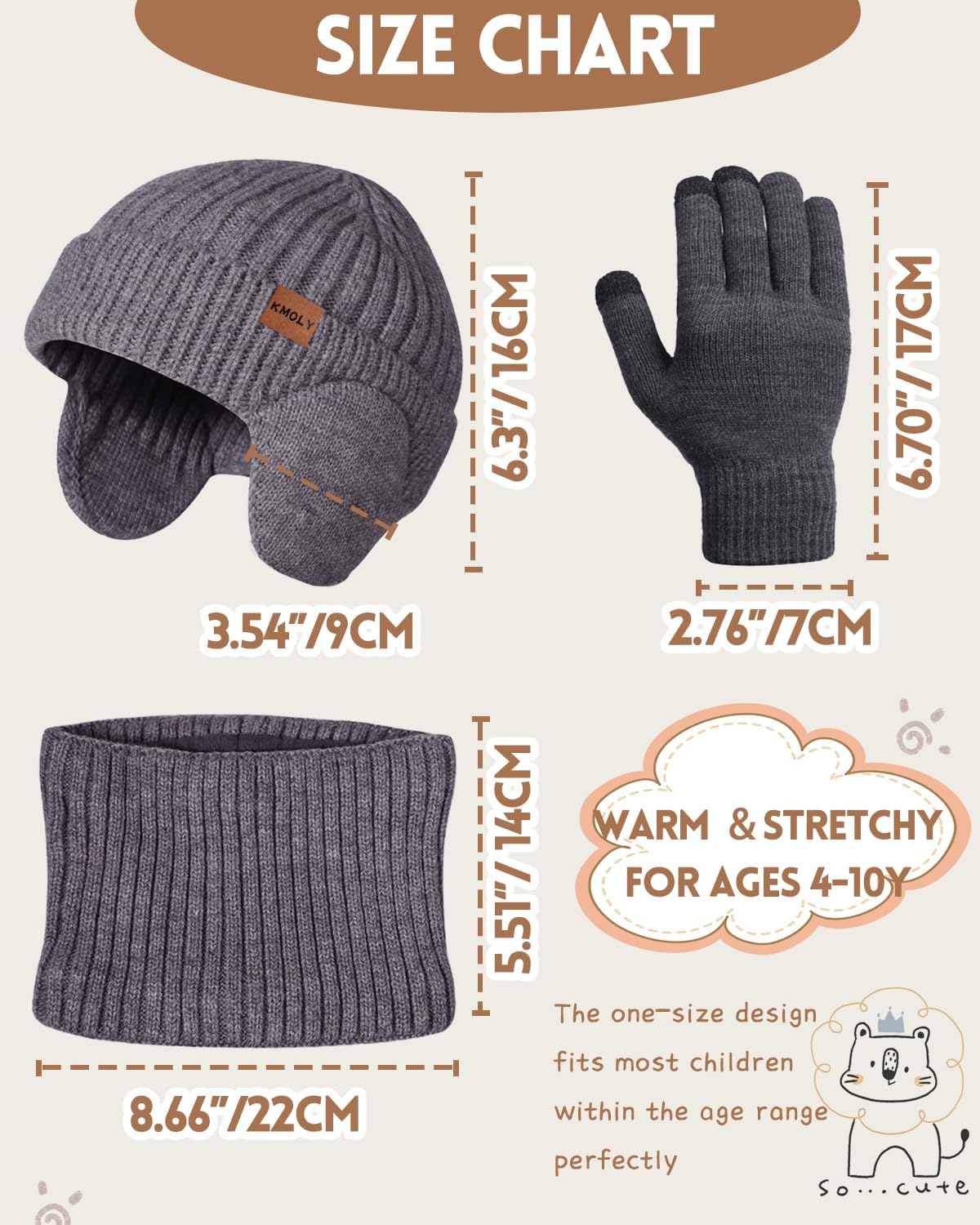 Kids Winter Beanie Hat Scarf Gloves Set 4-10Y, Knit Hat With Earmuffs Neck Gaiter Fleece Lined Touchscreen Gloves