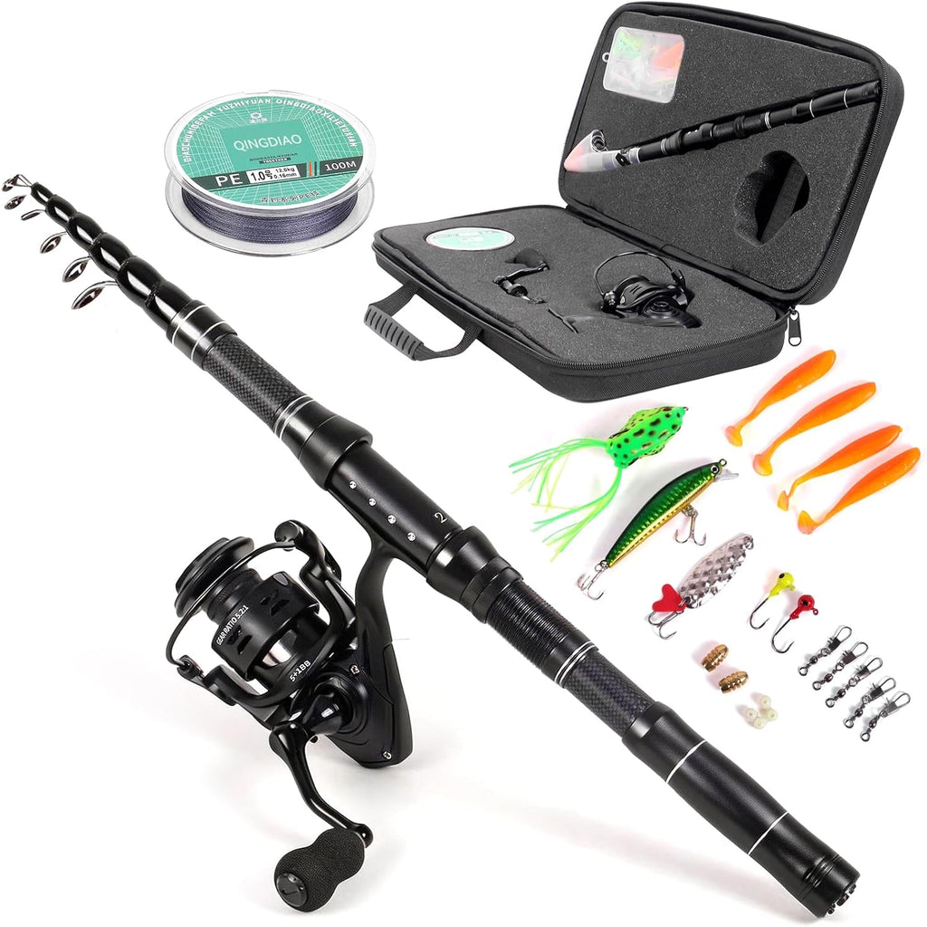 Telescopic Fishing Rod and Reel Combo, Carbon Fiber Collapsible Travel Fishing Pole Kit with Carrier Case & Lures