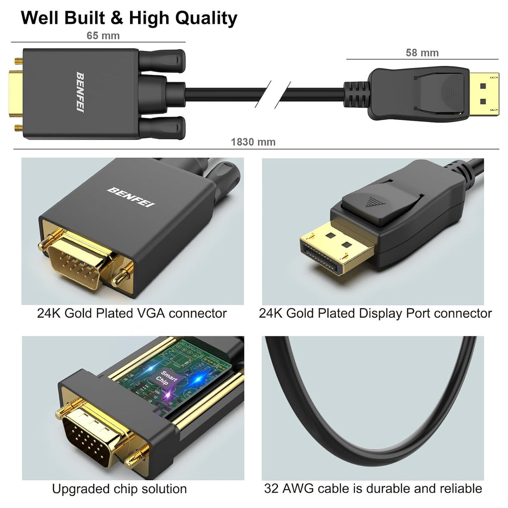 DisplayPort to VGA Cable, 1.8M Display Port of Computer/Laptop to VGA of Monitor/Projector Gold-Plated Adapter (Not