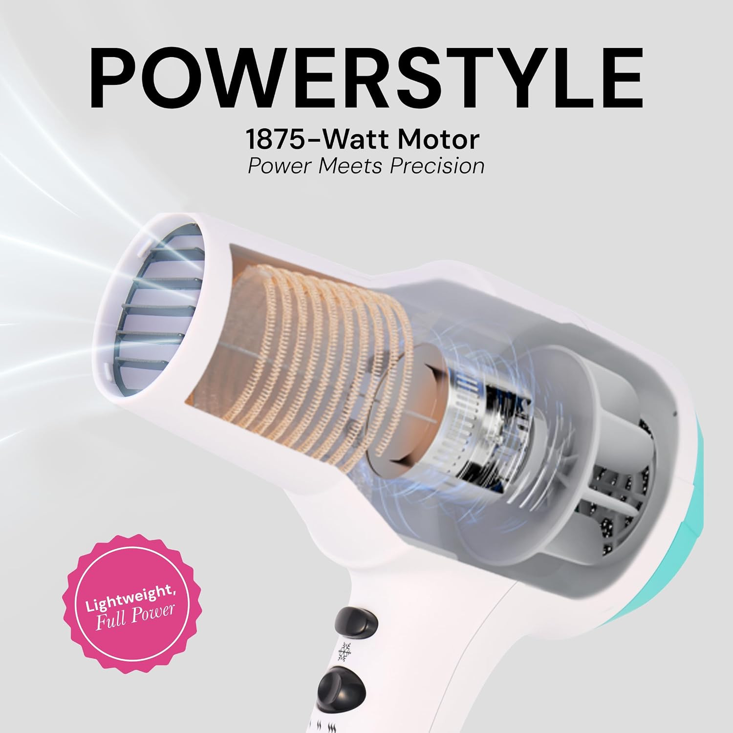 PowerStyle Turbo Ionic Hair Dryer | 1875 Watt Professional Blow Dryer with Diffuser & Concentrator | Multiple Heat &