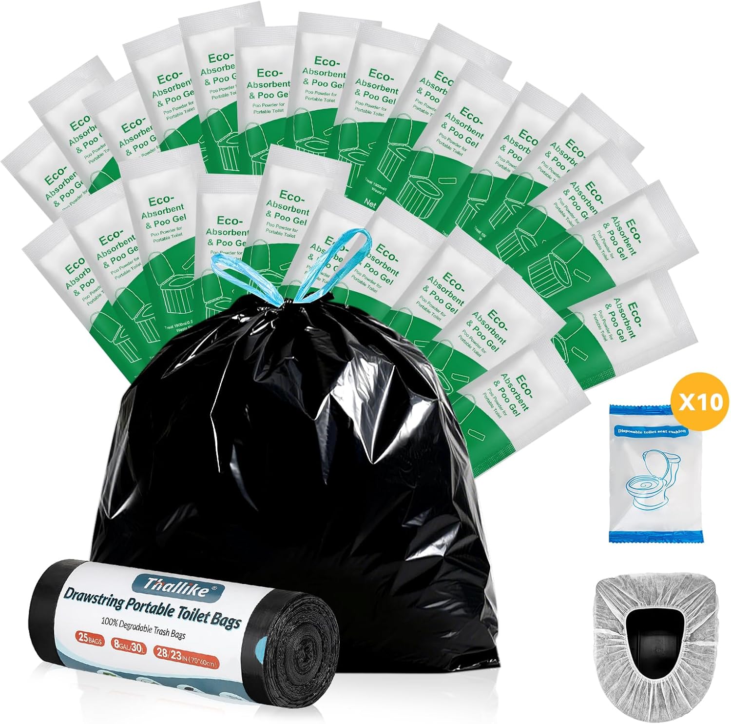 Portable Toilet Bags – 2 Mil Thickened Camping Toilet Bags, Drawstring Travel Potty Bag, 8 Gallon Camp Waste Bags for