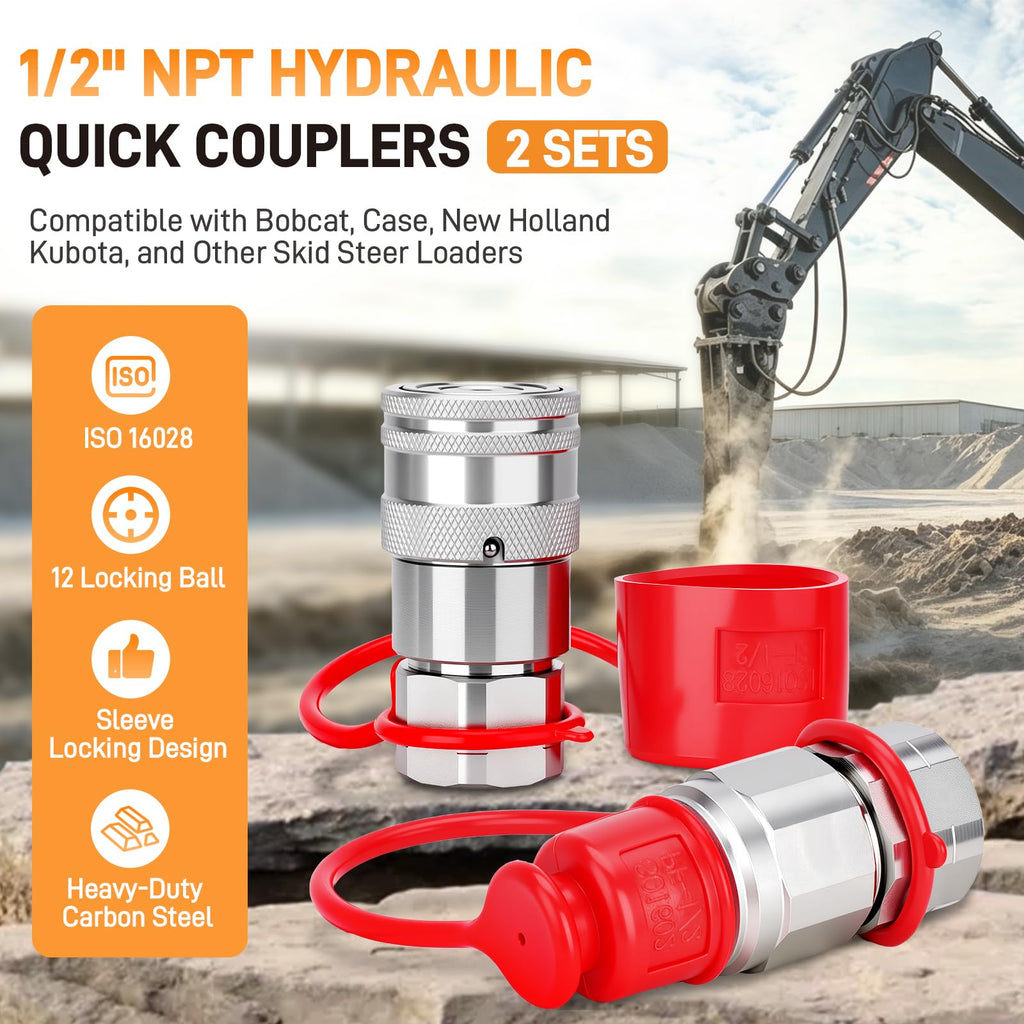 1/2" NPT Skid Steer Flat Face Hydraulic Quick Couplers/Couplings, 2 Sets
