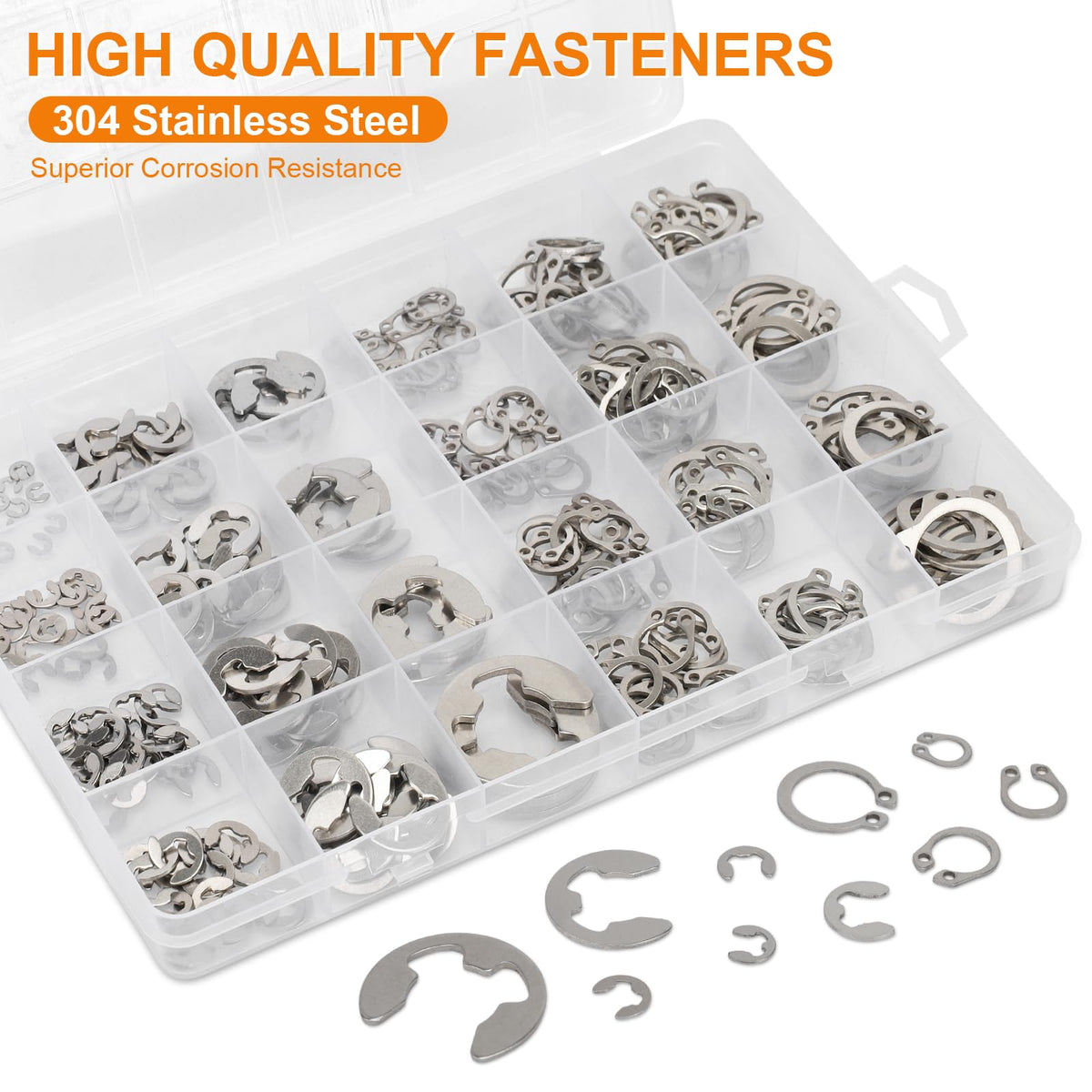 312Pcs Retaining Ring Kit with E-Clips (2.0-15mm) & C-Clips (M7-18) 304 SS