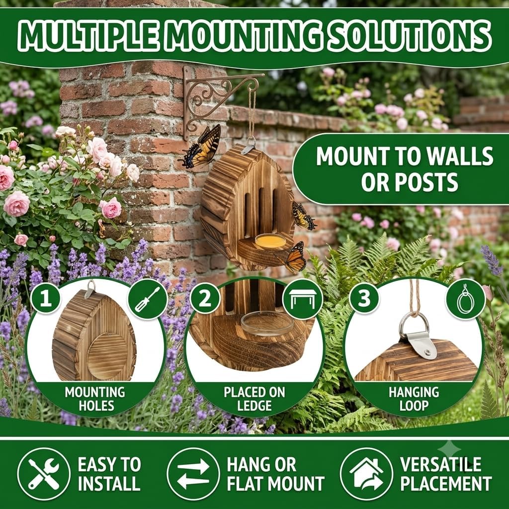 Butterfly House for Outside, Wooden Butterfly Habitat & Feeder for Garden, Teardrop-Shaped Hanging Nesting Box for