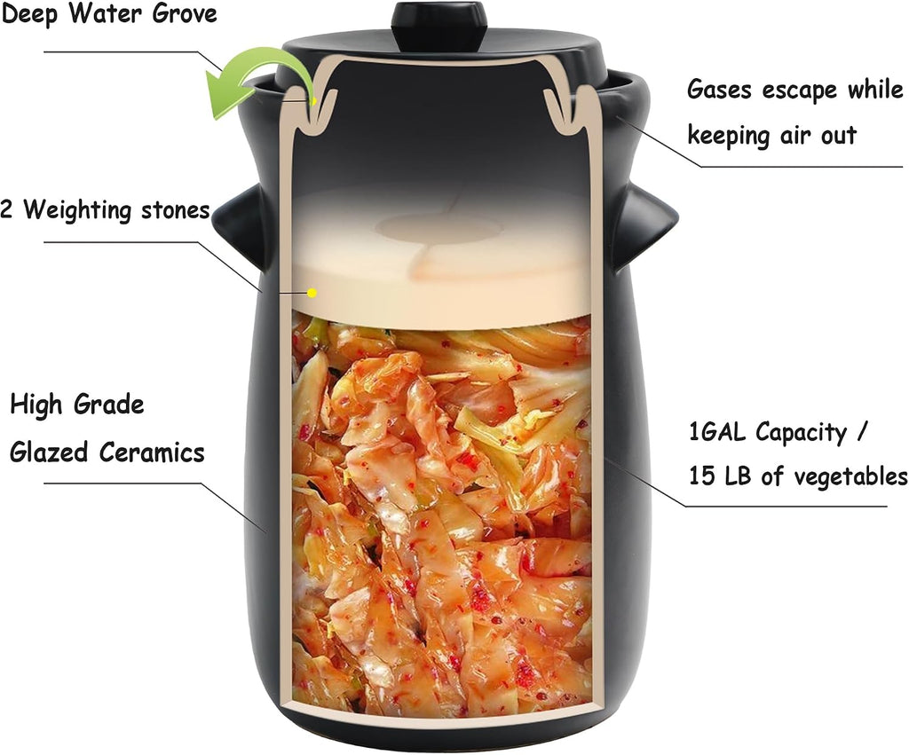 Fermentation Crock 3.8Liter/1 Gallon Stoneware Pot for Fermenting, Pickling Kimchi, Pickles, Vegetables, Kombucha