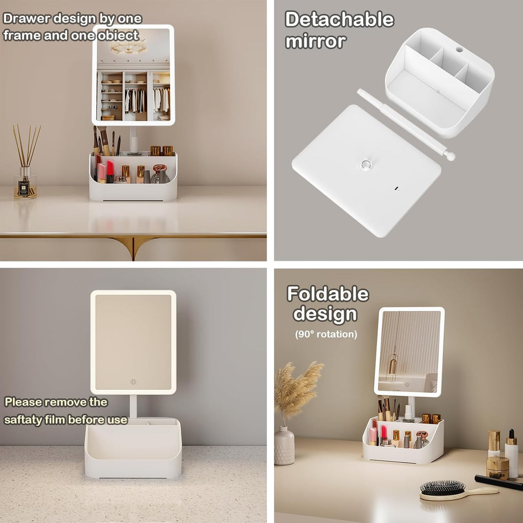 Rechargeable Makeup Mirror Organizer with LED Lights & 20X Magnification, Large Capacity Cosmetic Display Case for