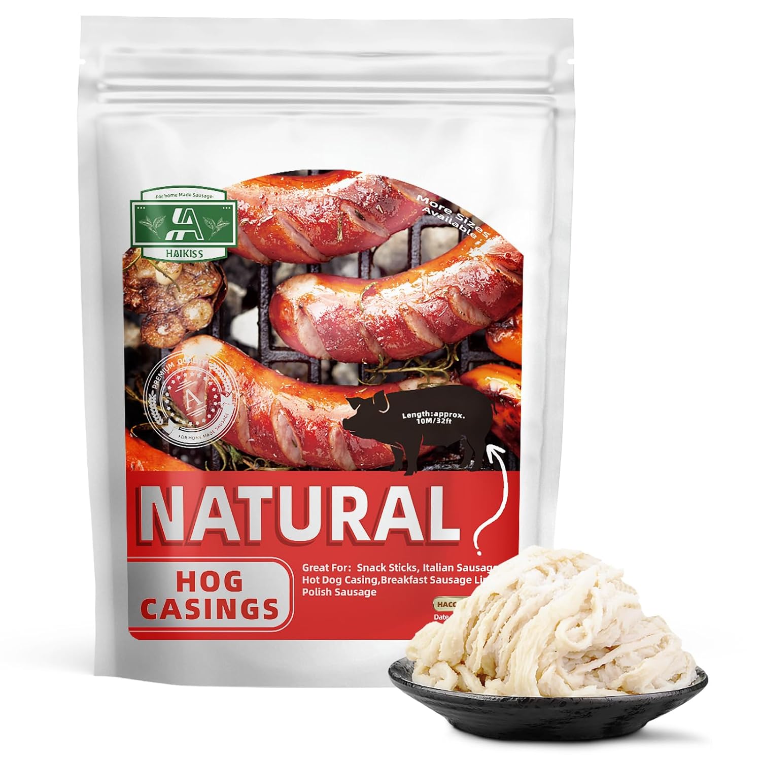 Natural Hog Sausage Casing, Edible Casings for Sausage Making, Pre-Tubed, Great for Snack Sticks, Italian Sausage
