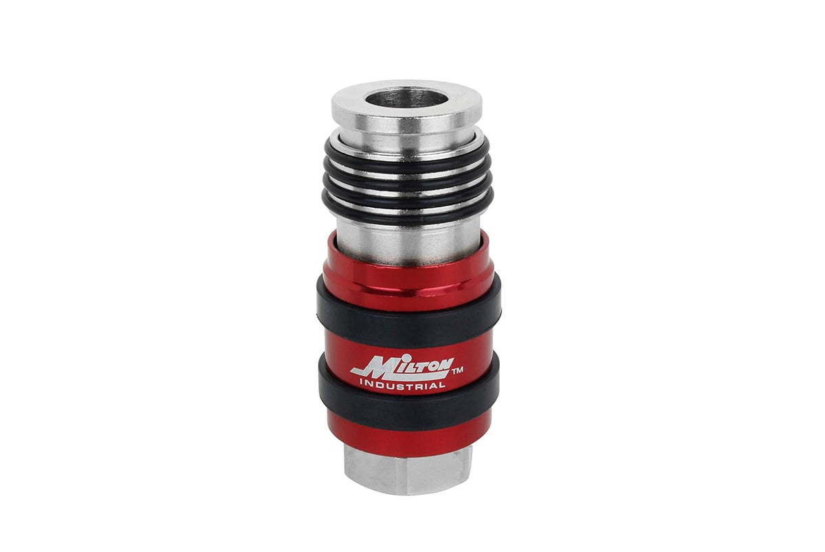 Milton 2 In ONE Universal Safety Exhaust Coupler – 3/8" FNPT x 3/8" Body Flow, Safely Bleeds Excess Air and Disengages Fittings