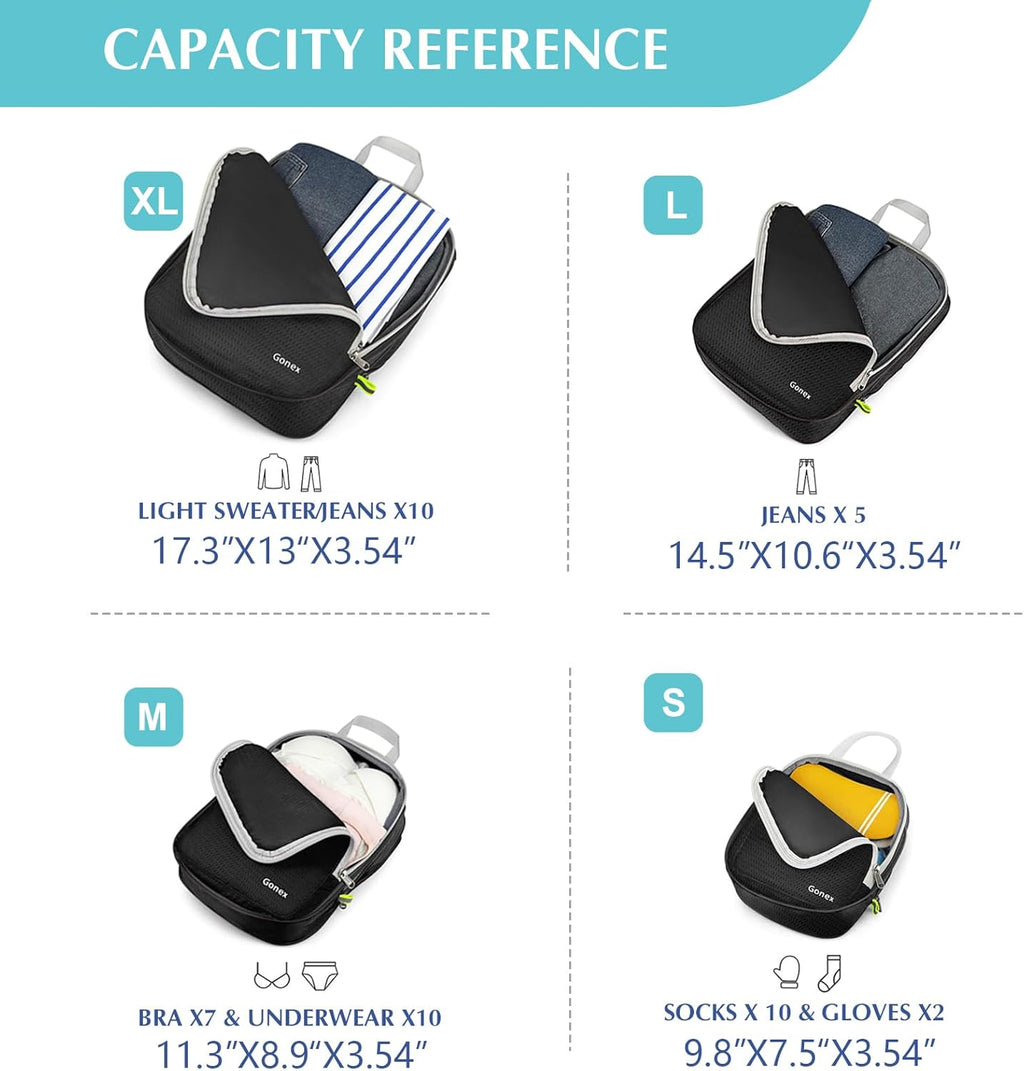 Compression Packing Cubes, 4pcs Expandable Storage Travel Luggage Bags Organizers(Black)