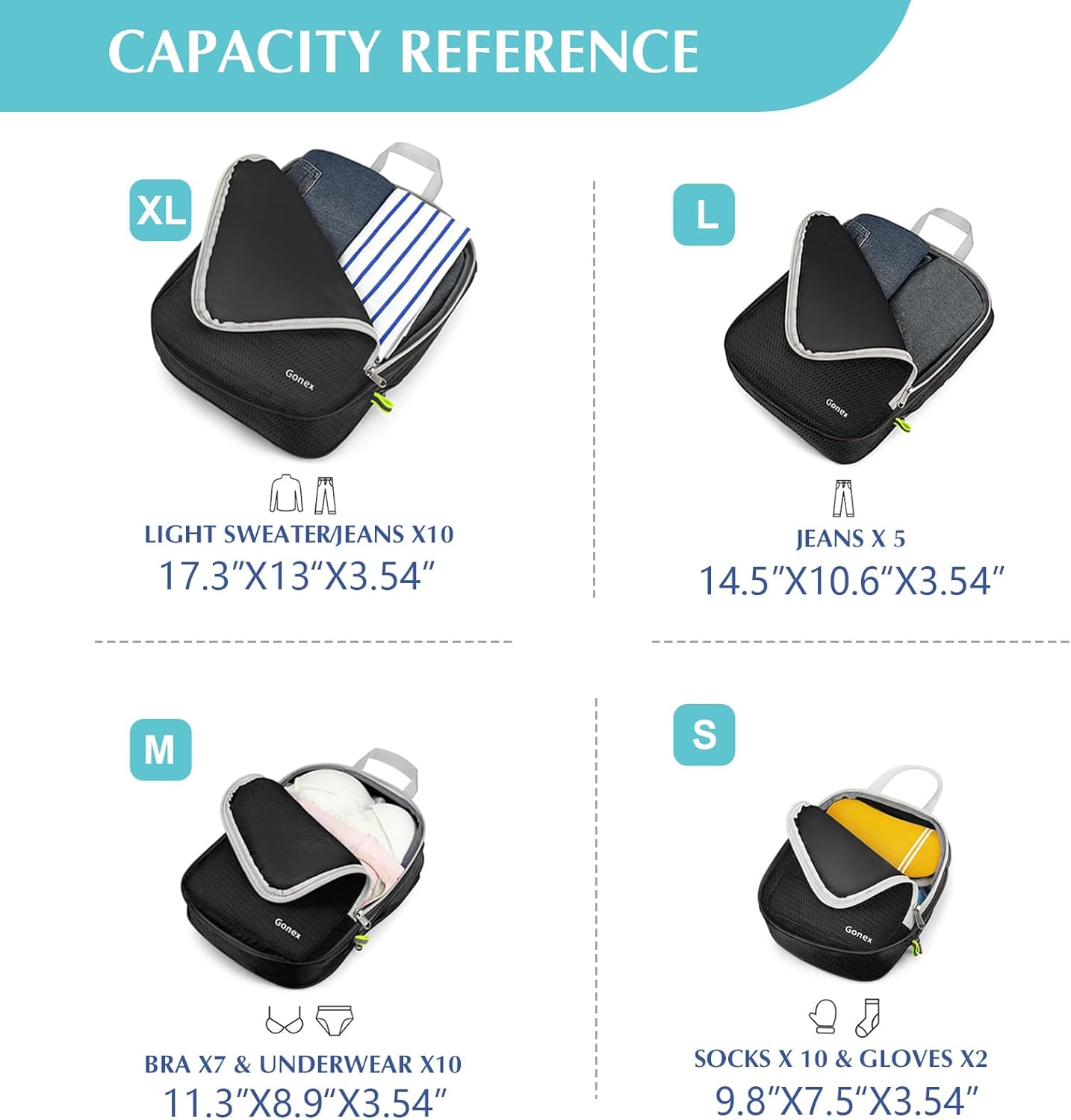 Compression Packing Cubes, 4pcs Expandable Storage Travel Luggage Bags Organizers(Black)