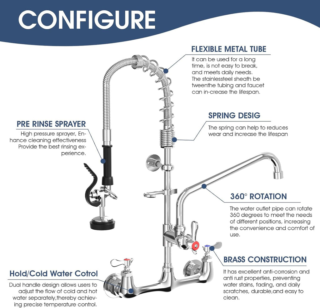 Commercial Wall Mount Kitchen Faucet with Pull Down Pre-Rinse Sprayer, Adjustable Swing Spout, Heavy-Duty Utility