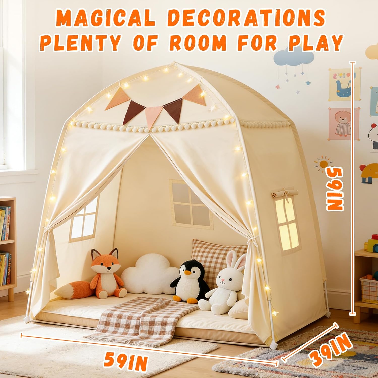 Large Teepee Tent for Kids: with Star Lights & Flags - 3-Window Cone Ball Playhouse for Indoor & Outdoor - Portable &