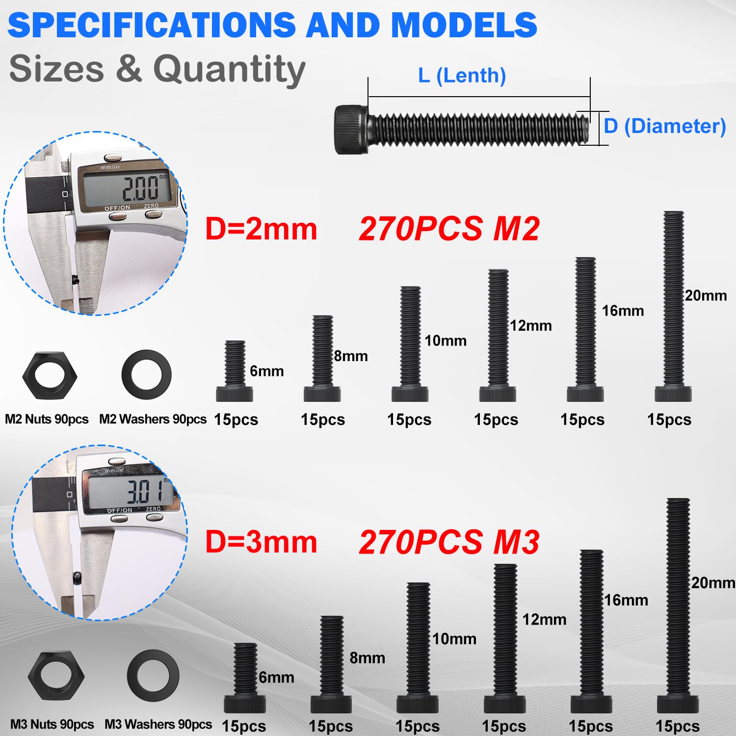 540PCS M2 M3 Metric Screws Assortment Set Suitable for 3D Printer DIY,Hex Socket Head Cap Screws Bolts Nuts Kit,12.9