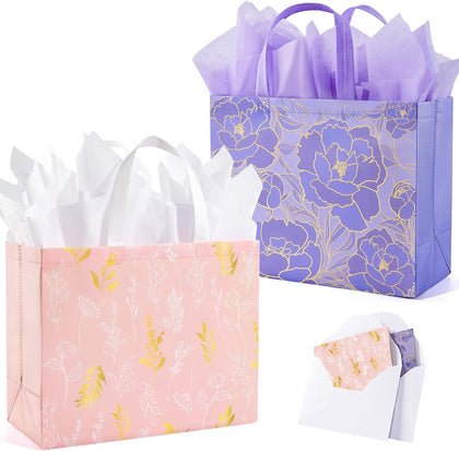 2 Pack 13" Large Beautiful Gift Bags Set with Greeting Card and Tissue Paper, Reusable Non-Woven Gift Wrap Bags with