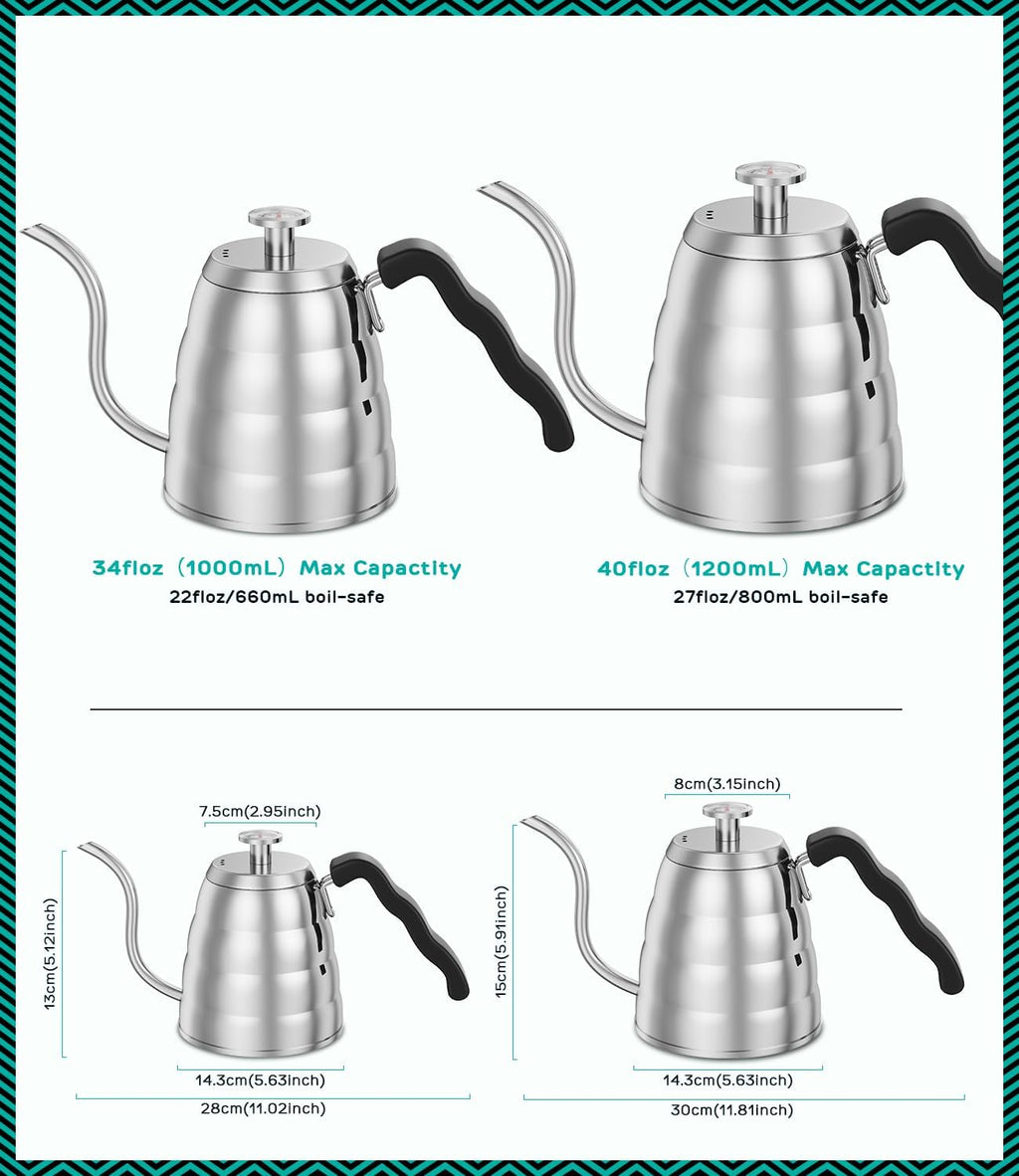 Gooseneck Kettle with Thermometer - 40oz Premium Stainless Steel Pour Over Coffee Maker Kettles, Stove Top