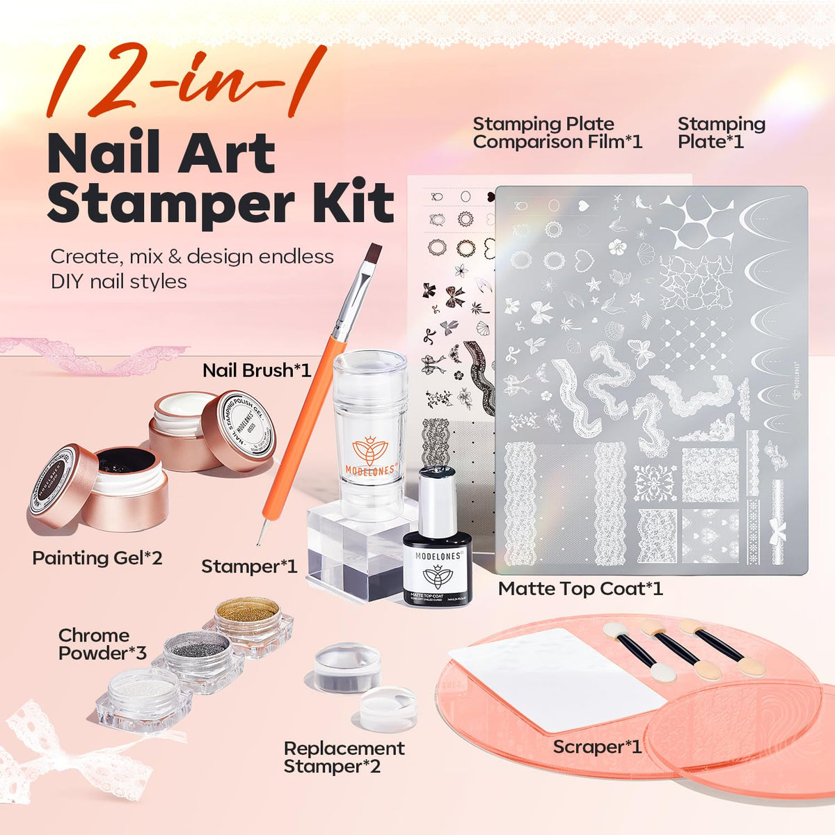 16Pcs Nail Stamping Kit French Tip Stamper Lace Nail Stamp Plate