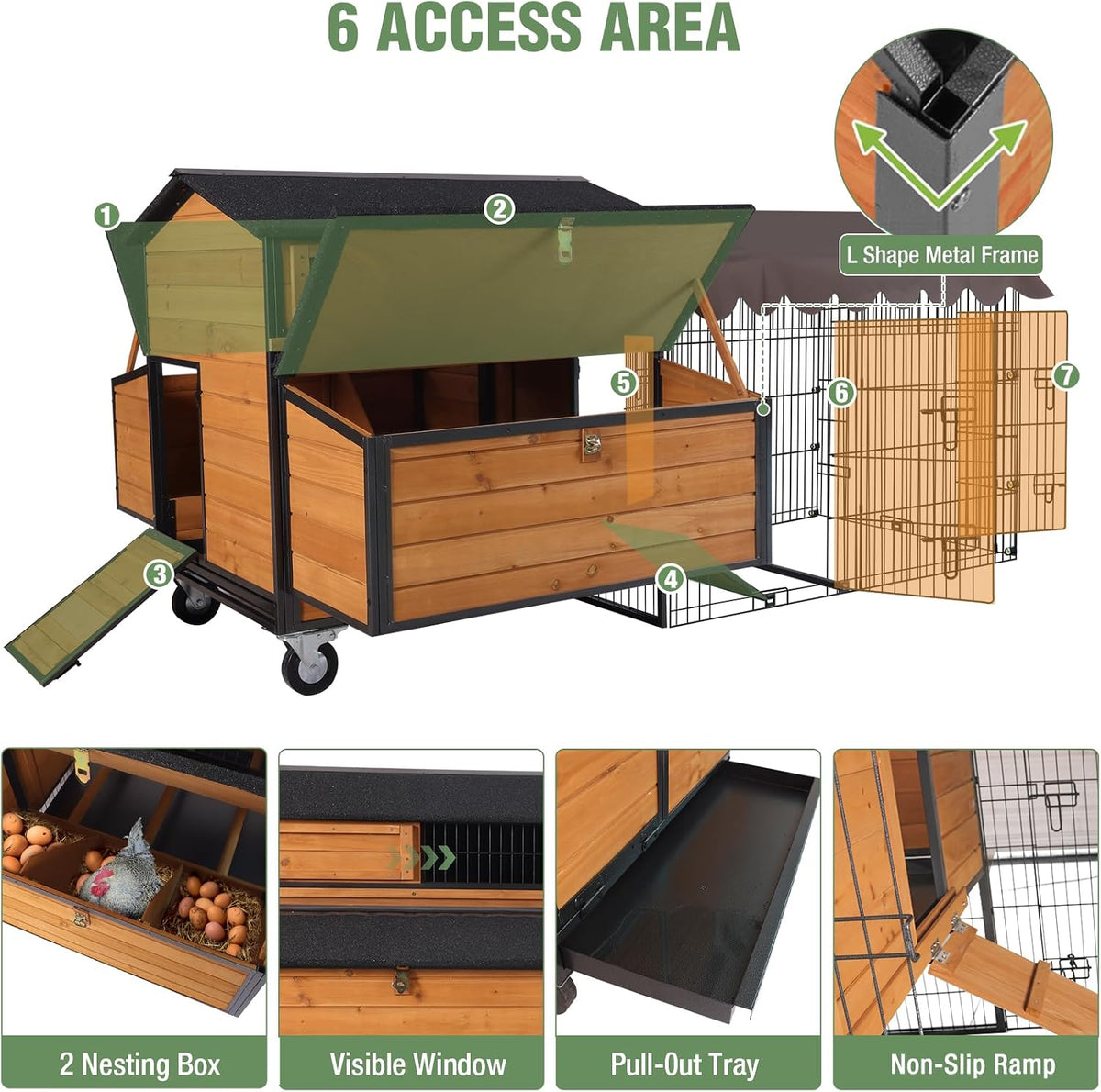 Large Chicken Coop with Run, Mobile Chicken Tractor for 6-8 Chickens, Upgraded Metal Frame Hen House with Wheels, 6