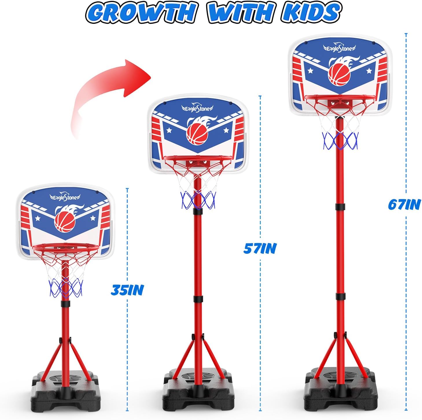 Kids Adjustable Height Basketball Hoop with Stand Indoor Outdoor | 3 Balls,Extra Sandbag for Stability,Backyard