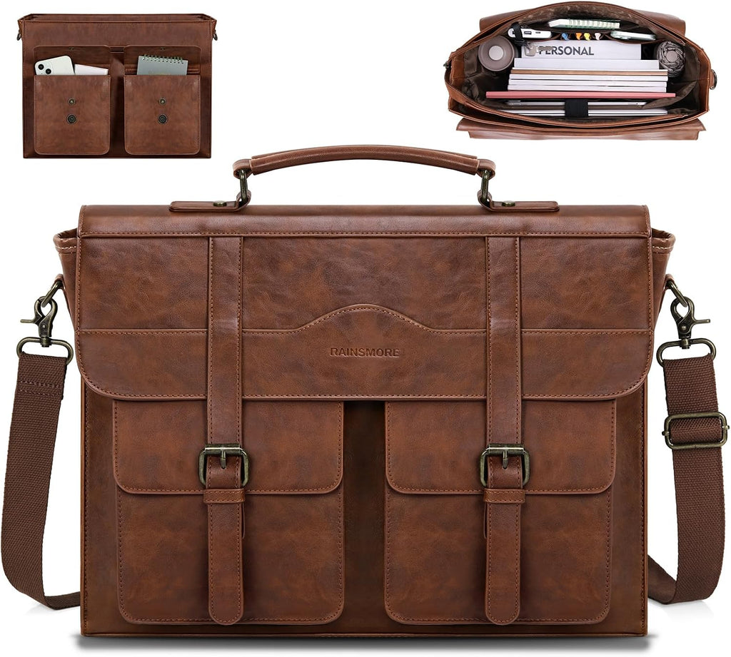 Mens Messenger Bag 17 Inch Vintage Leather Laptop Briefcase Magnetic Closure Large Satchel Computer Shoulder Bag