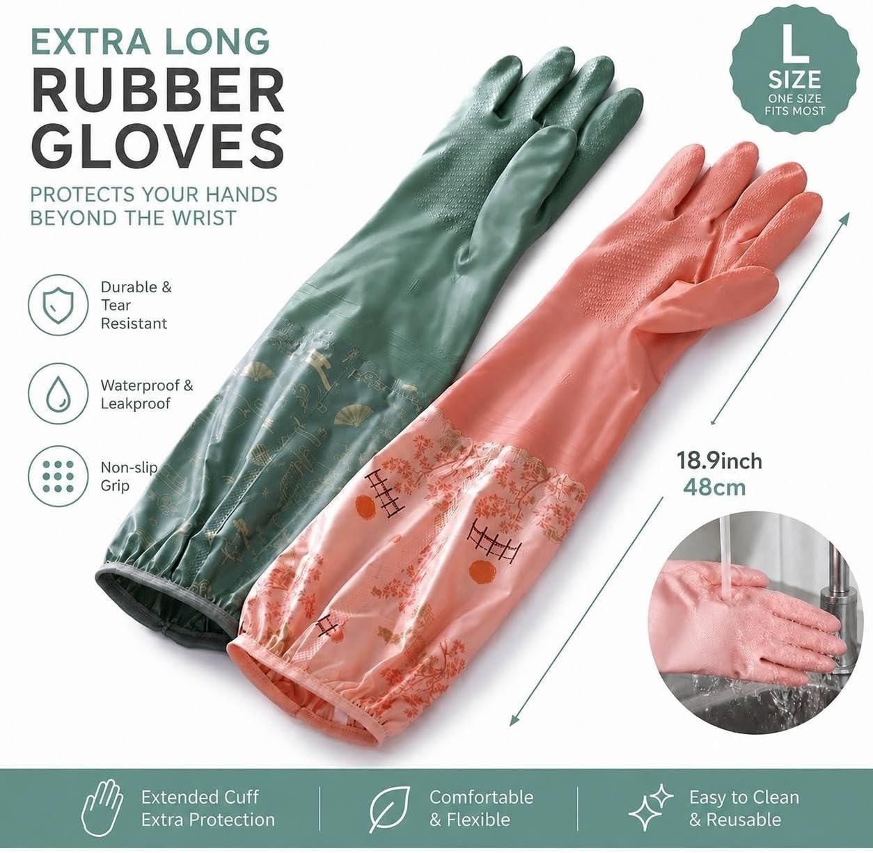 MOVAN His and Hers Long Sleeve Rubber Gloves Set, 2 Pairs (1 Pink + 1 Green), 18.9in (48cm) Extra Long with Hanging