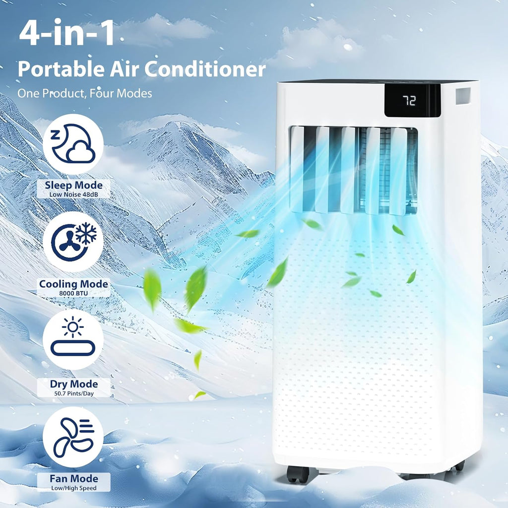 Portable Air Conditioner 8000 BTU,5-in-1 AC Unit with Cool, Dehumidifier, Fan, Sleep & Timer Modes, Auto Swing, Child