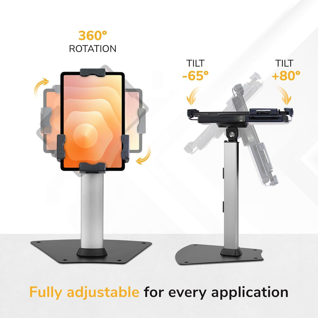Secure Universal Tablet POS Kiosk Stand with Locking Clamp & Bolt-Down Base, 360° Rotation & +80°/-65° Tilt, Wall or