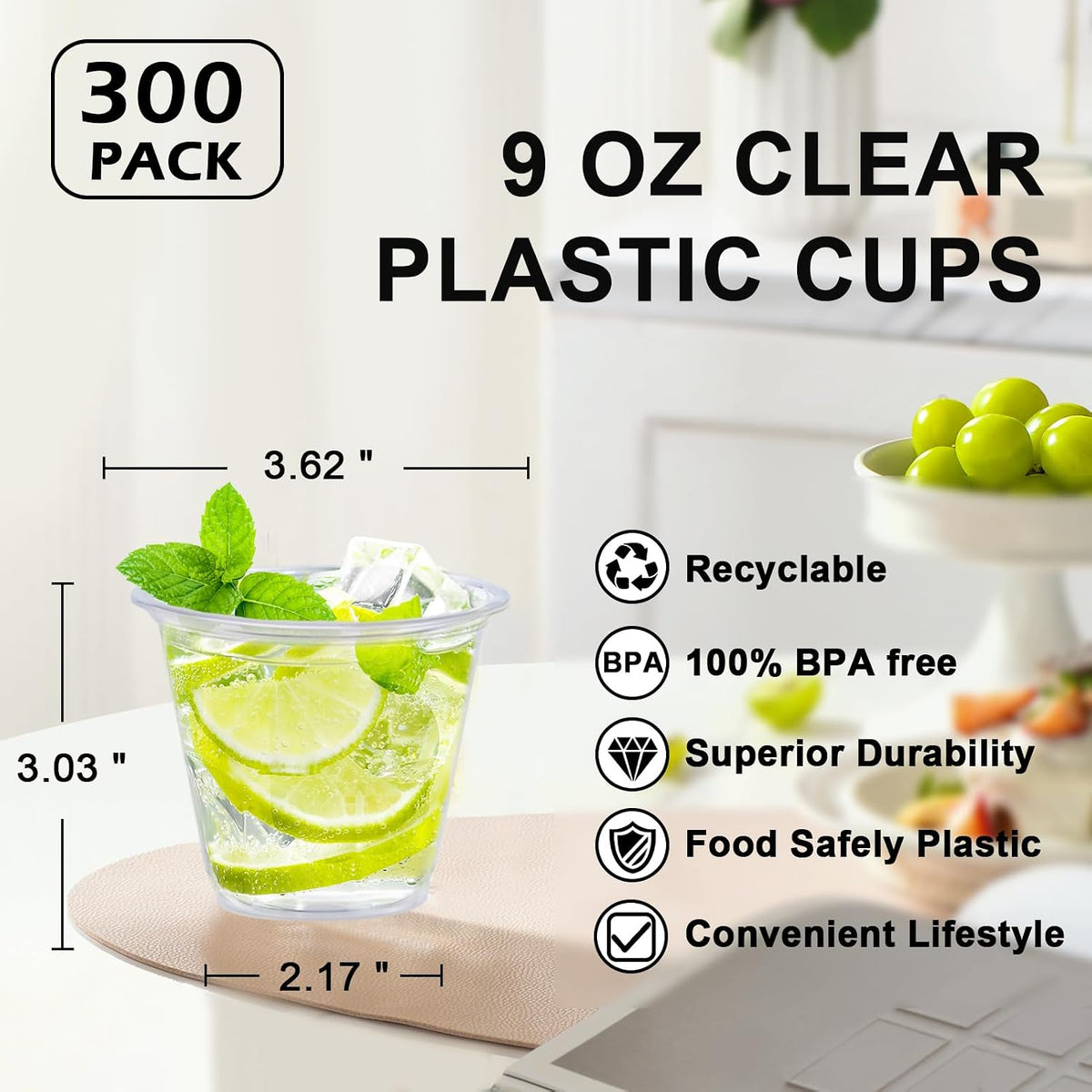 100 Pack 9 oz Clear Plastic Cups Disposable Cups