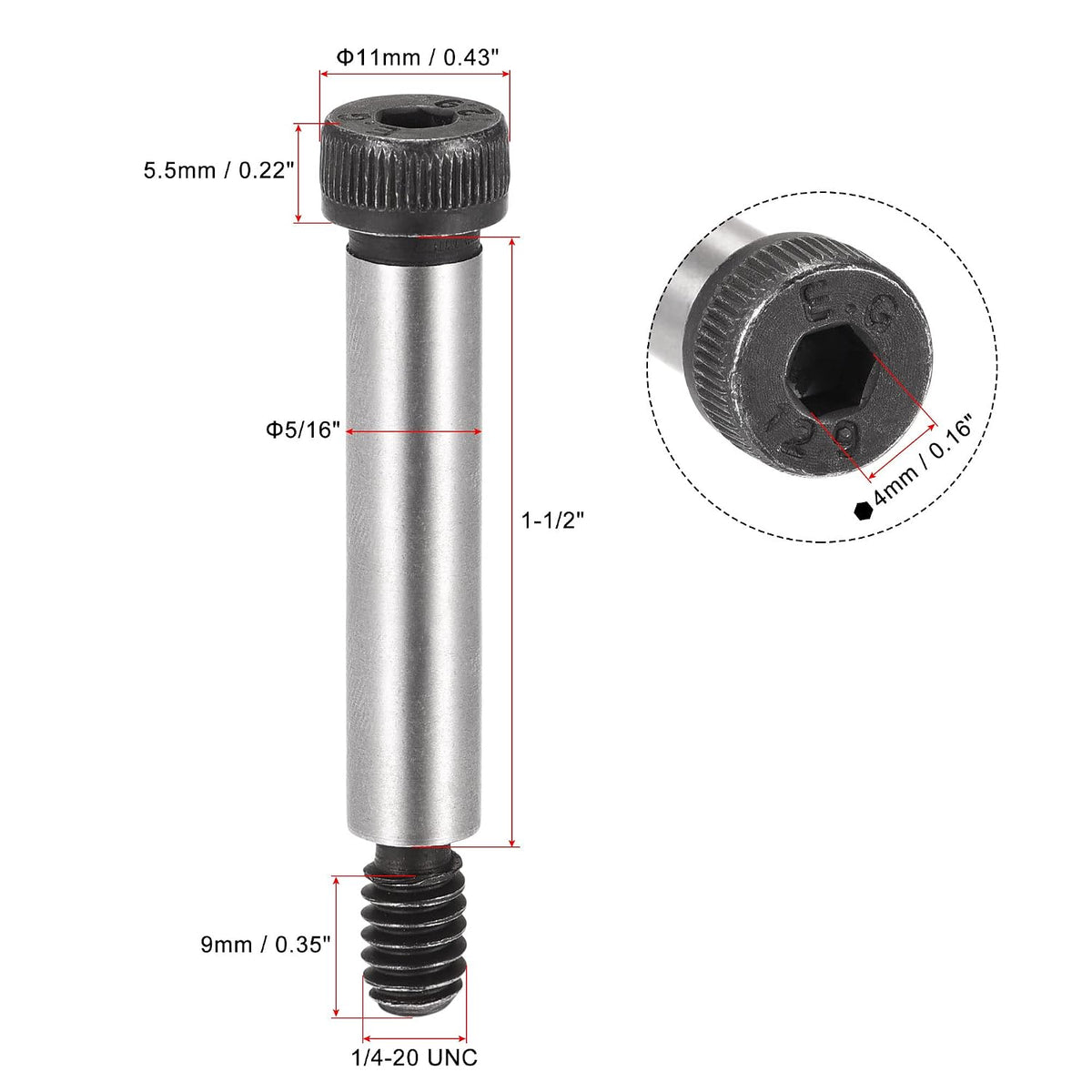 uxcell Alloy Steel Hexagon Socket Head Shoulder Screws Bolts, 1-1/2" Shoulder Length, 5/16" Shoulder Dia, 1/4-20 Thread, 4pcs