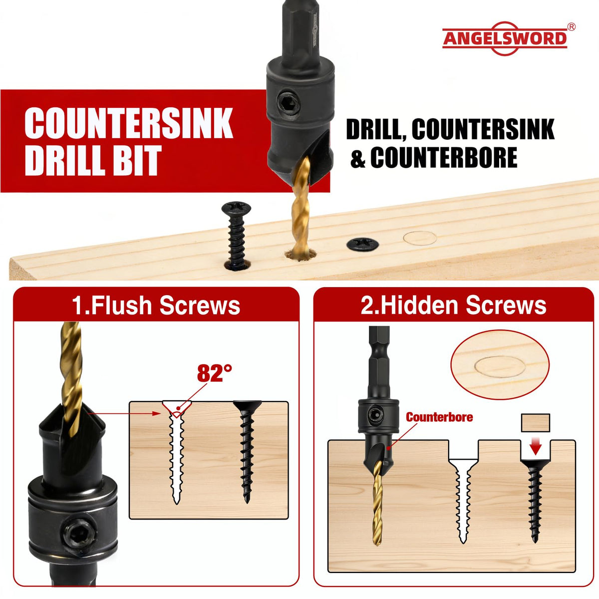 ANGELSWORD Countersink Drill Bit Set for Wood,13pc Count Sink Drill Bit Set