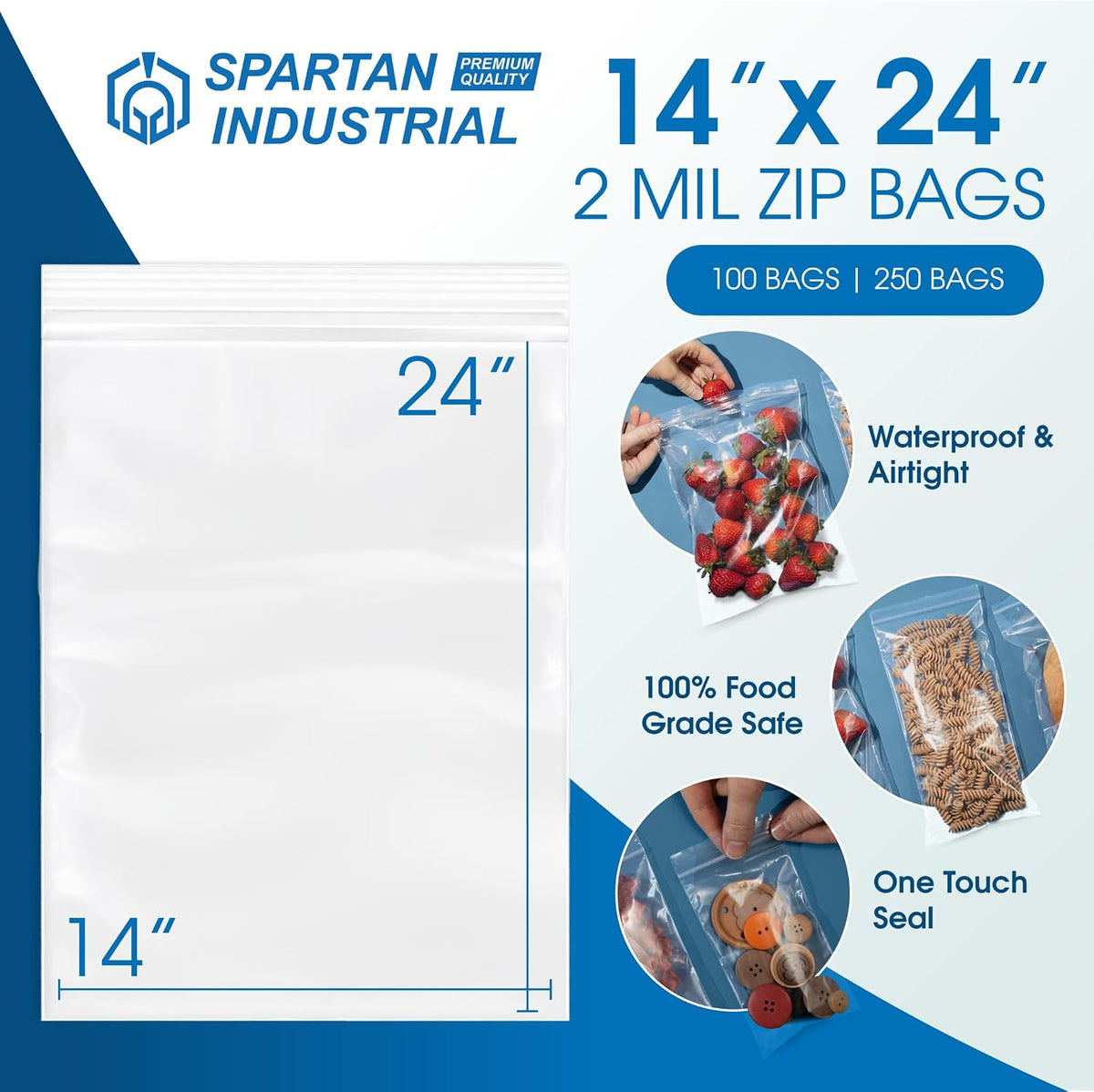14” X 24” (100 Count) 2 Mil Clear Reclosable Zip Plastic Poly Bags