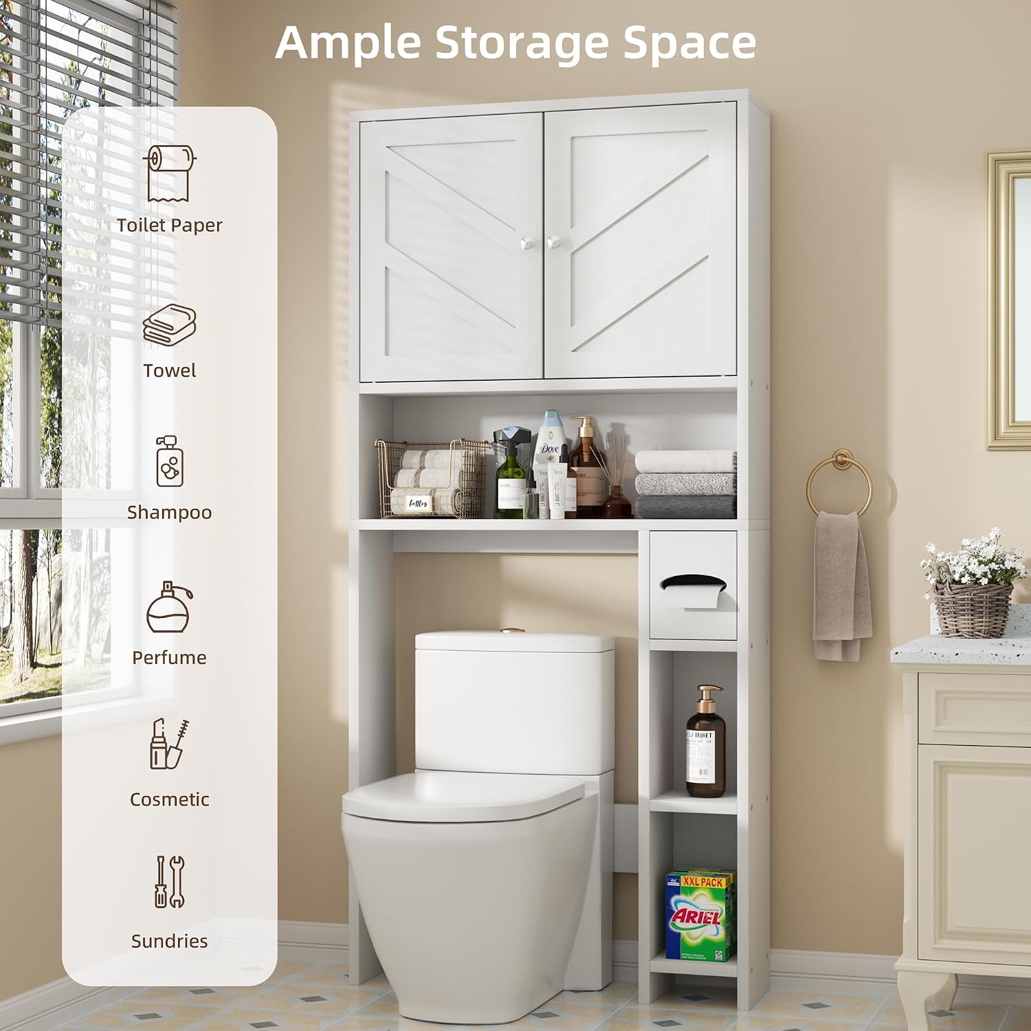 Over the Toilet Storage Cabinet, Bathroom Storage Cabient with Barn Doors, Bathroom Storage Shelf Organizer with