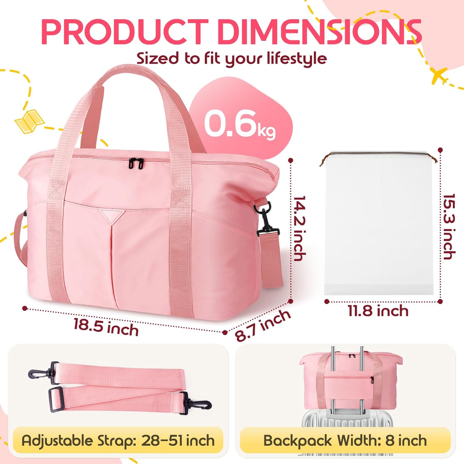 Duffle Bag for Travel, Carry-on Travel Bag with Trolley Sleeve, Sport Gym Bag for Women, Overnight Bag for Men