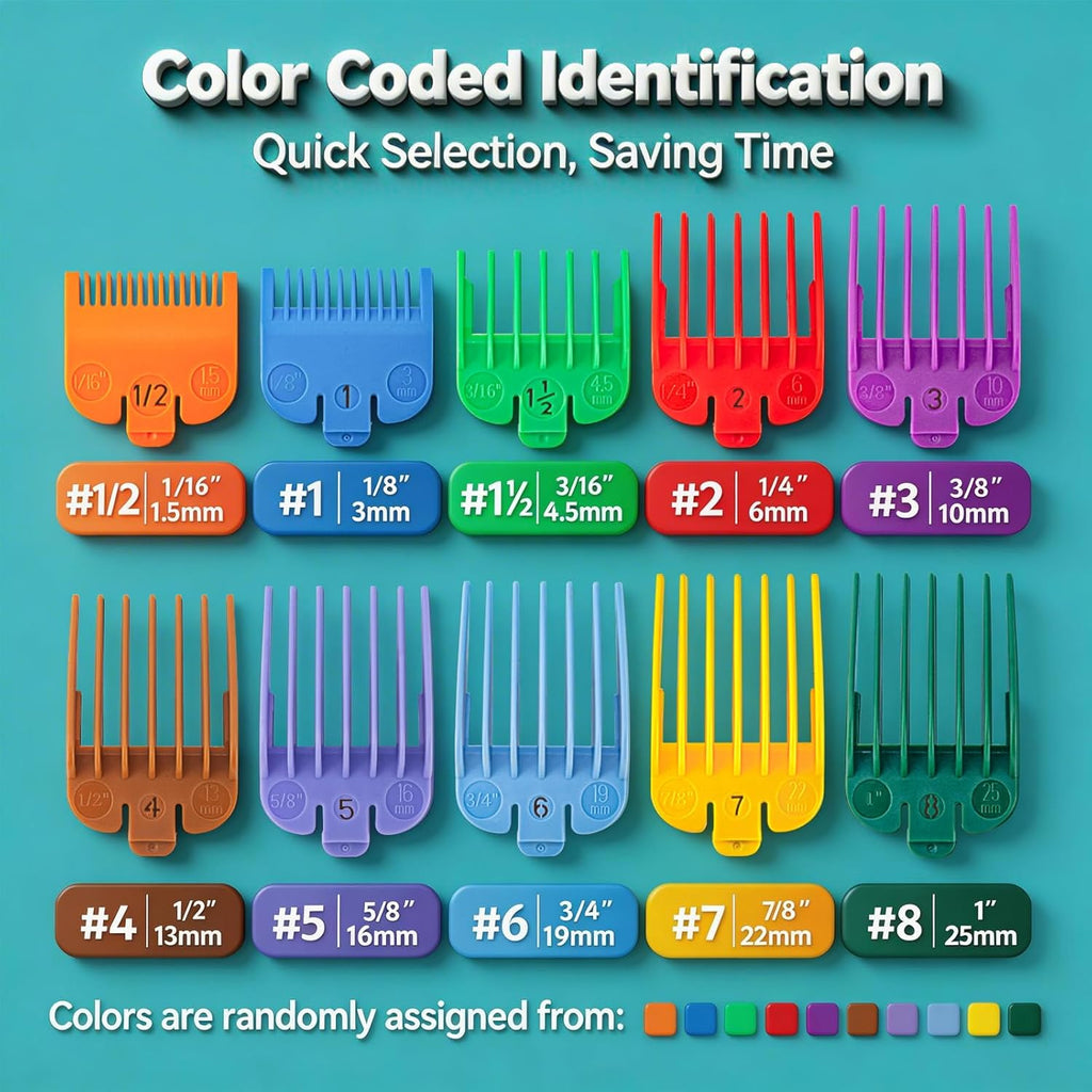 Clipper Guards Set Compatible with Most Wahl Clippers, Color Coded Clipper Guides Replacement - 1/16" to 1", 10 Piece