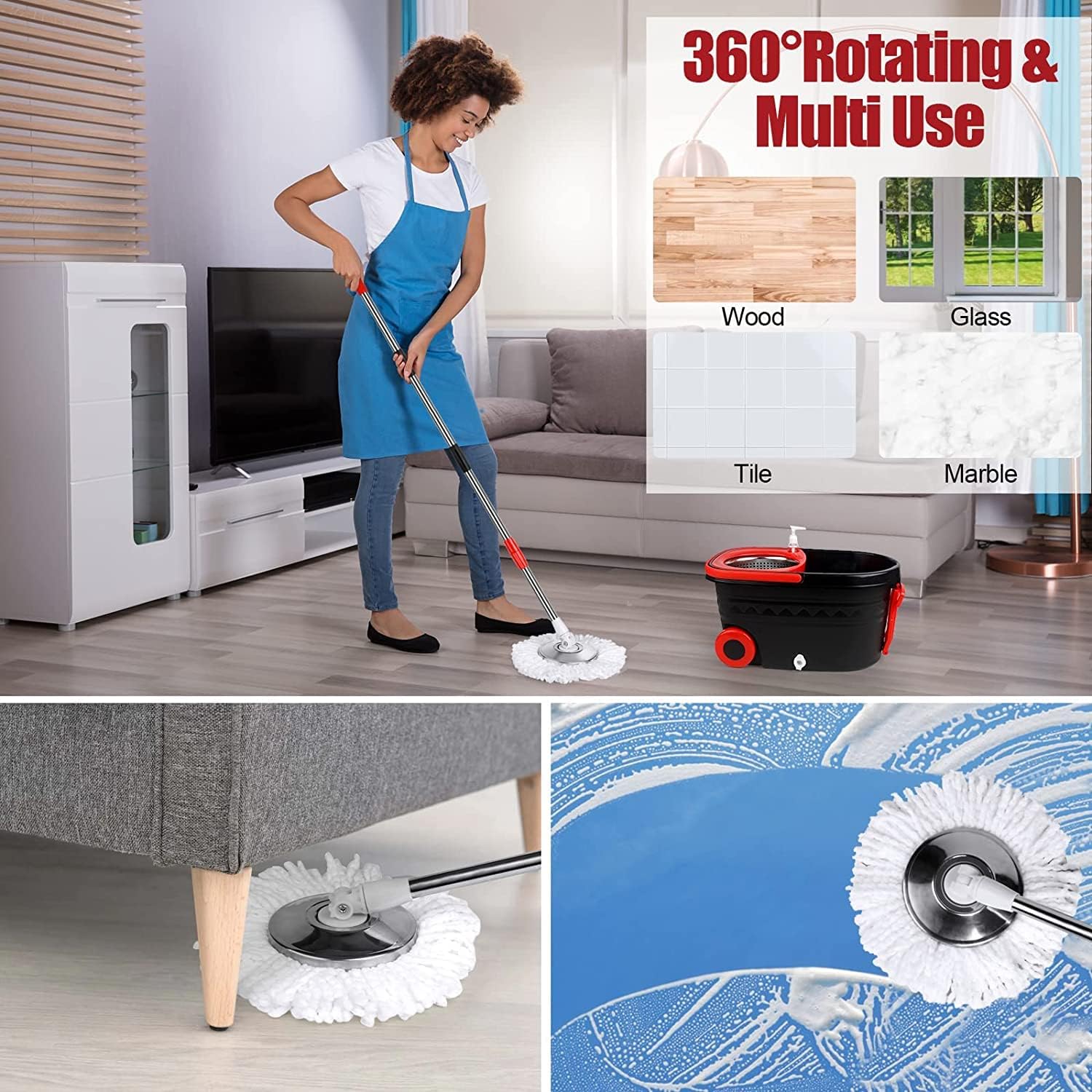 Mop and Bucket Set, 360° Spin Mop and Bucket with Wringer Set and 3 Microfiber Mop Refills, Stainless Steel 61''