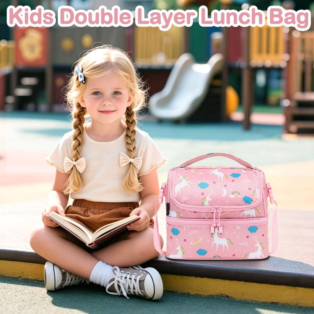 Kids Double Decker Cooler Insulated Lunch Bag Large Tote for Boys, Girls, Men, Women, With Adjustable Strap, Unicorn