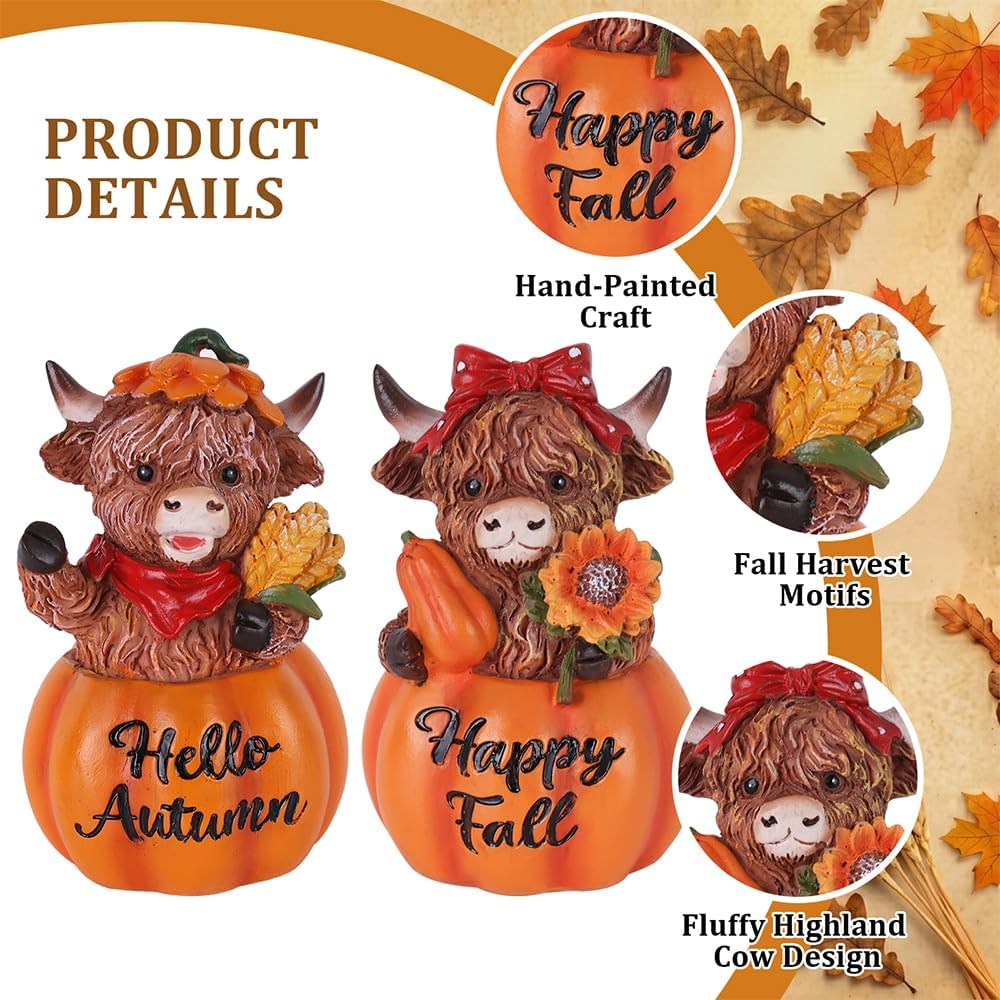 Fall Decorations for Home, 2 PCS Resin Highland Cows Figurines for Fall Decor, Rustic Pumpkin Harvest Ornaments for
