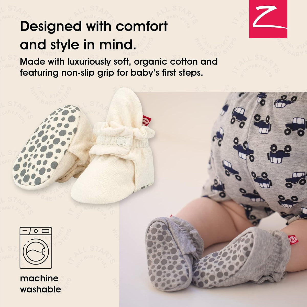 Unisex Organic Cotton Baby Booties, Stay-On and Non-Slip, Newborn to Toddler