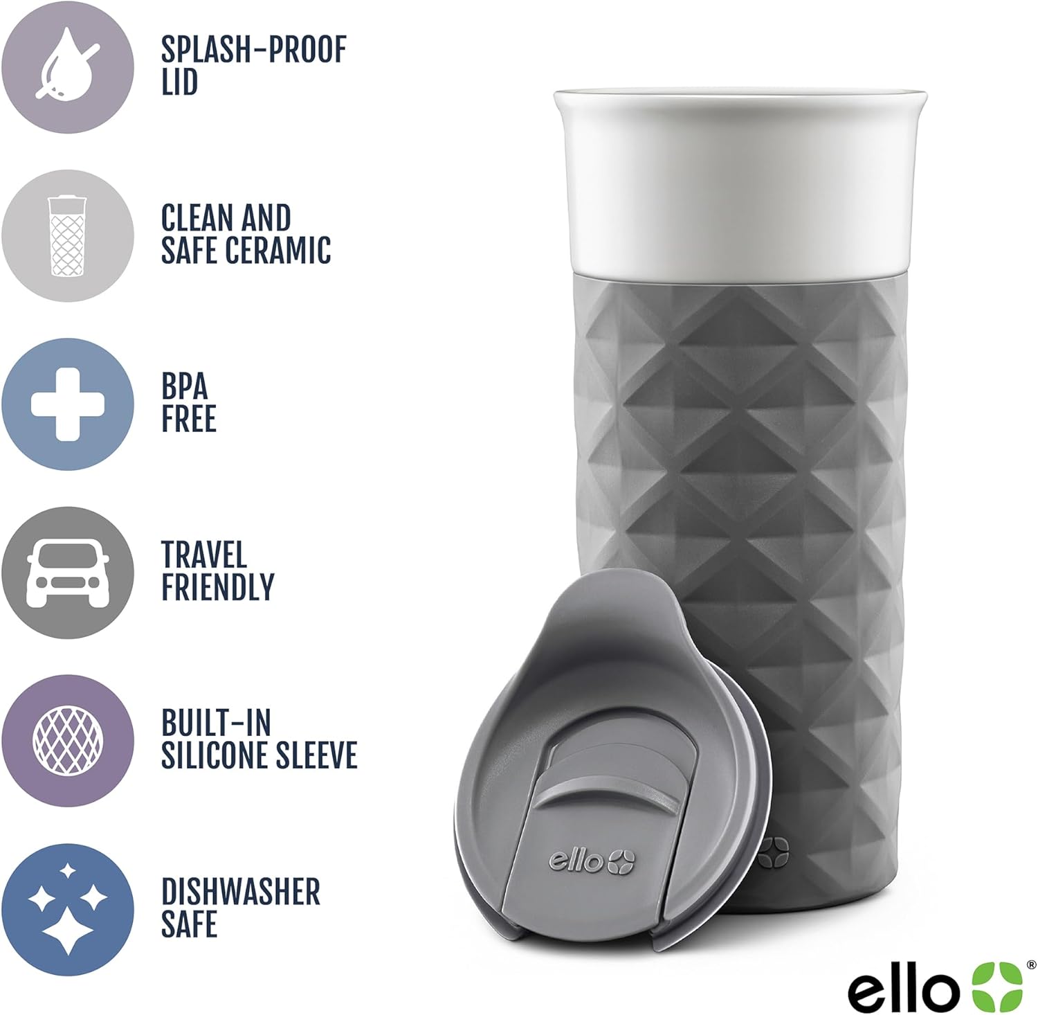 Ogden Ceramic Travel Mug with Splash-Resistant Slider Lid and Protective Silicone Boot, Perfect for Coffee or Tea