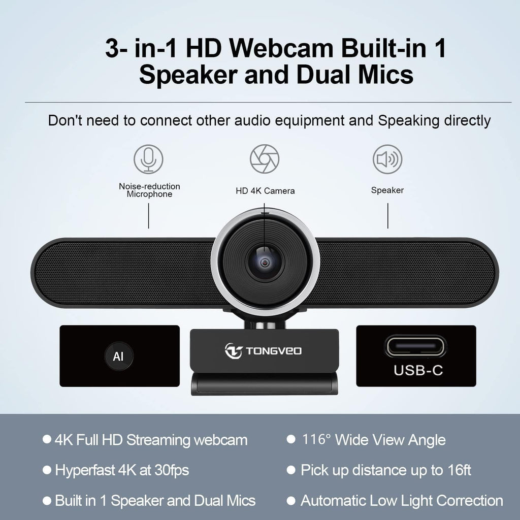 4K Webcam Conference Call Room Web Camera with Dual Microphones &Speaker, | All-in-One USB Video Camera, 116° Wide