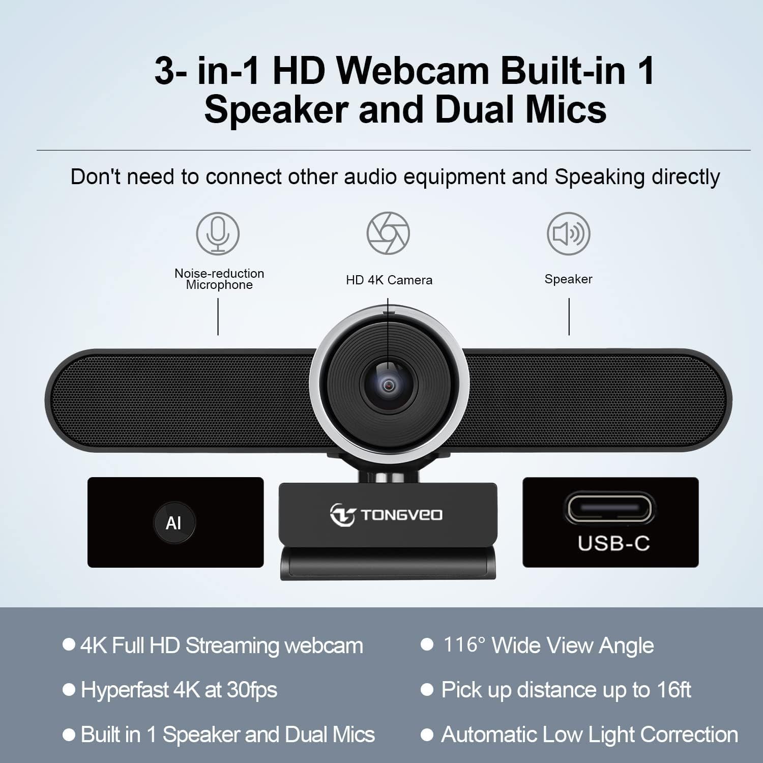 4K Webcam Conference Call Room Web Camera with Dual Microphones &Speaker, | All-in-One USB Video Camera, 116° Wide