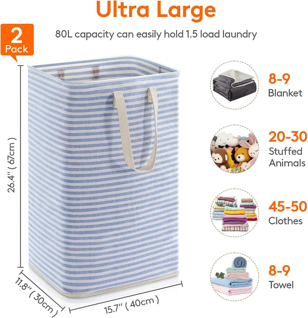 2 Pack Laundry Basket 80L Each, Collapsible Clothes Hamper with Reinforced Handles, Freestanding Waterproof Design
