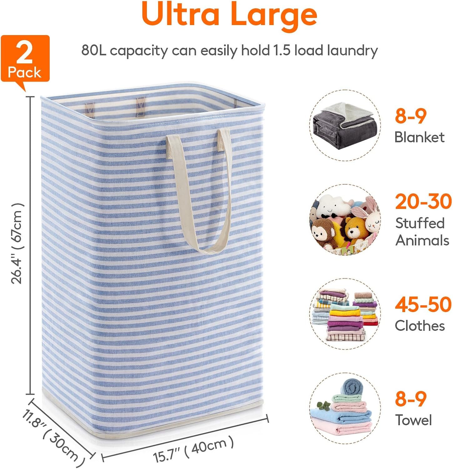2 Pack Laundry Basket 80L Each, Collapsible Clothes Hamper with Reinforced Handles, Freestanding Waterproof Design